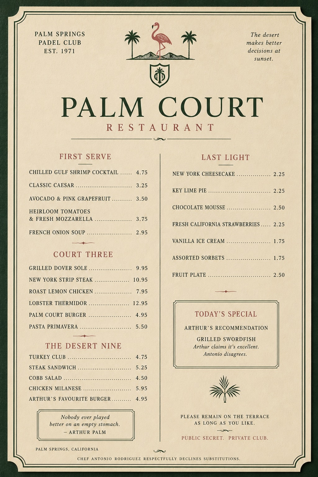 Palm Court Restaurant Menu — 1976