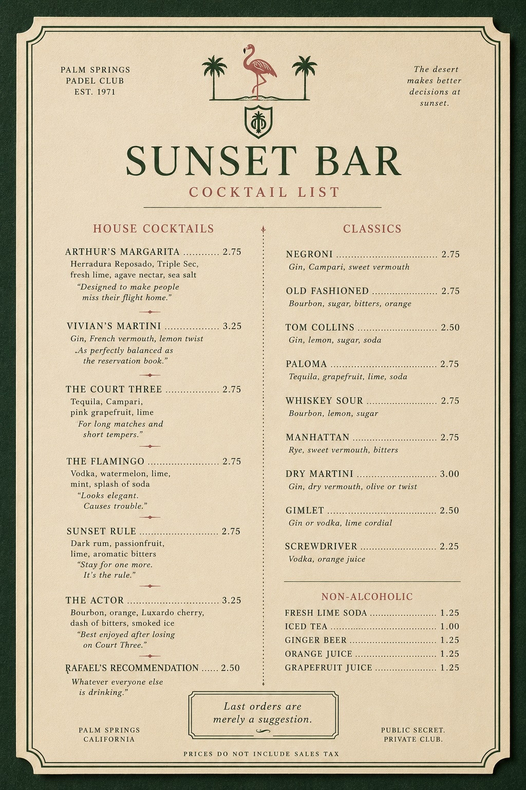 Sunset Bar Cocktail List — 1976